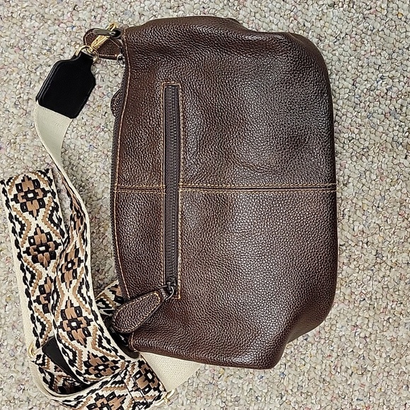 Heshe Brown Crossbody Brown Leather Bag with Patterned Removable  Strap - Picture 2 of 5